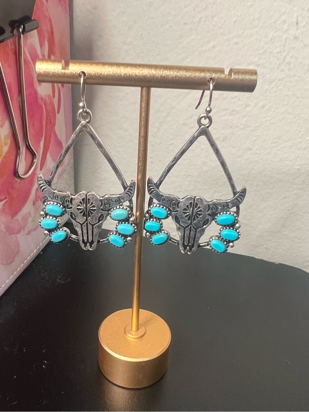 Silver-Tone Bull Skull Earrings with Turquoise Accents - Women Jewelry